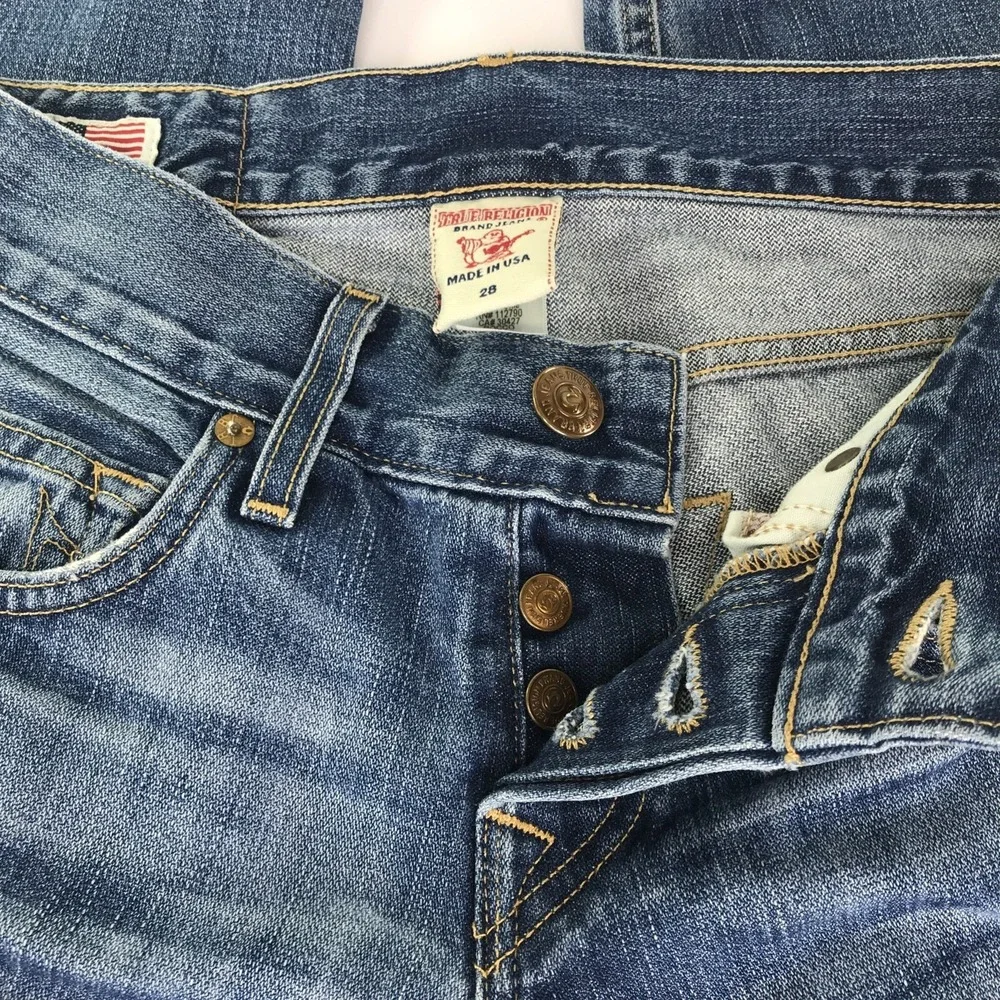 True Religion‎ Jeans Mens 28 X 32 Dark Blue Rocco Skinny Distressed Button Fly